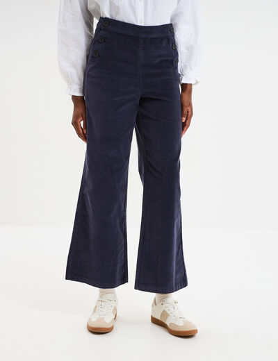 Pantalon effet velours &agrave; pont 7/8&egrave;me bleu fonc&eacute; femme