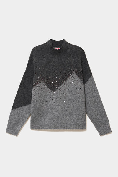 Pull col montant &agrave; sequins oversize gris fonc&eacute; femme