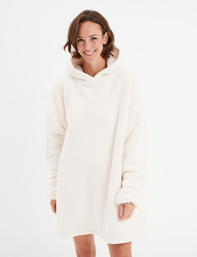 Sweat à capuche polaire fourré ivoire femme