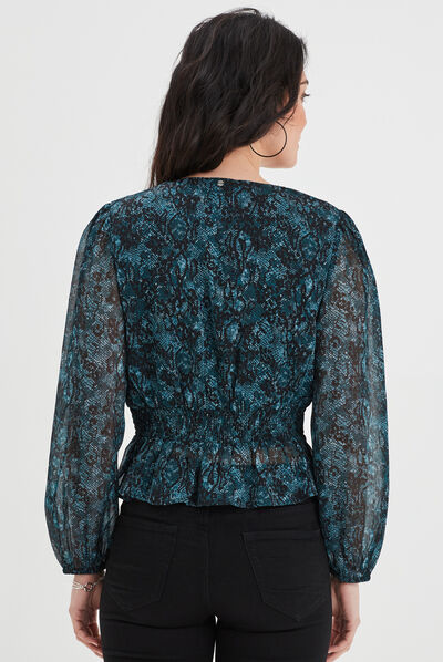 Blouse cintrée col effet croisé Liberto bleu canard femme