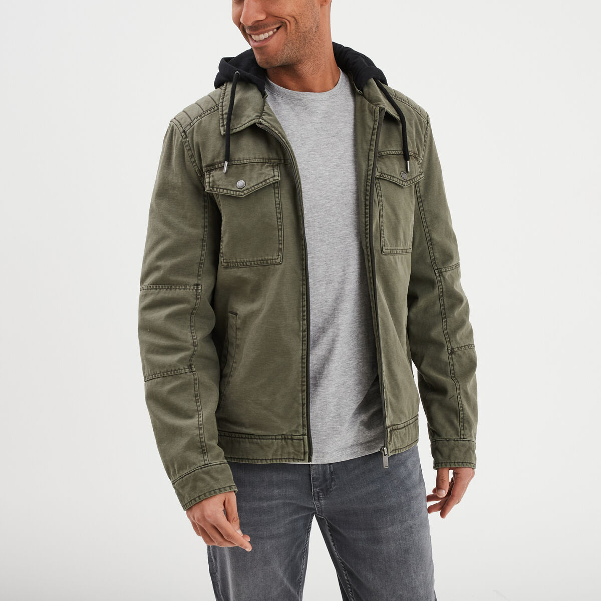 Veste doubl&eacute;e capuche amovible en coton vert kaki homme