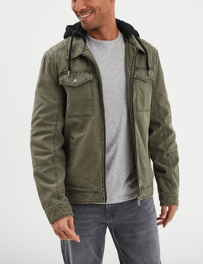 Veste doubl&eacute;e capuche amovible en coton vert kaki homme