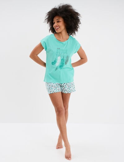 Ensemble pyjama short et t-shirt coton bleu turquoise femme