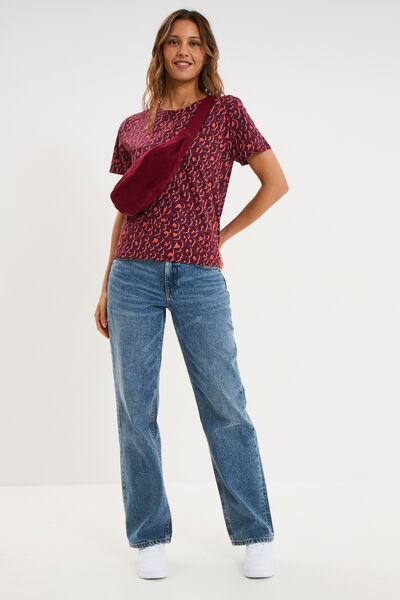 T-shirt coton col rond manches courtes bordeaux femme