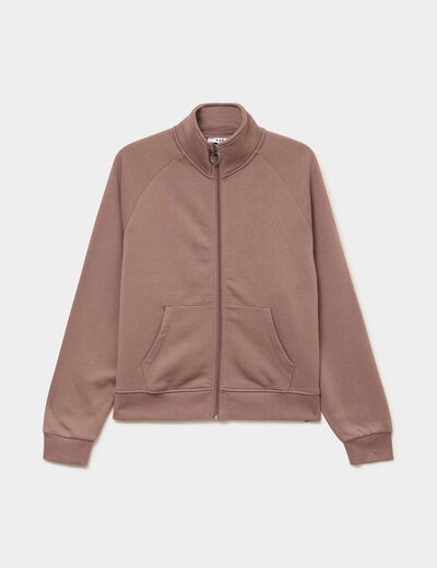 Sweat zipp&eacute; molleton col montant marron cognac femme