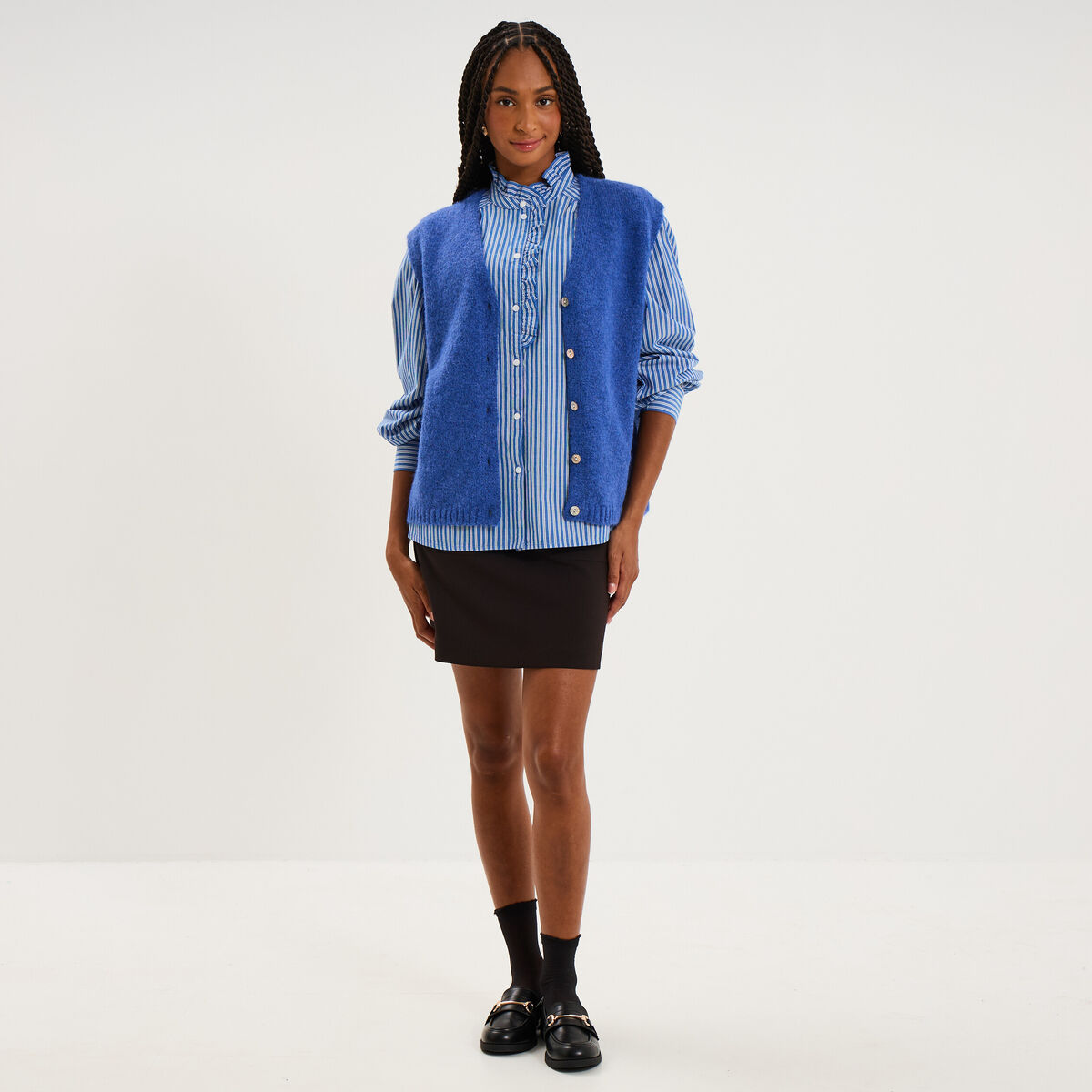 Blouse col montant &agrave; volants coton bleu femme