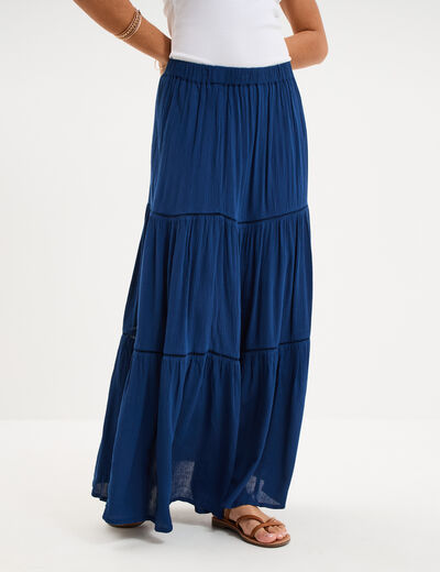 Jupe longue fluide taille &eacute;lastiqu&eacute;e bleu marine femme