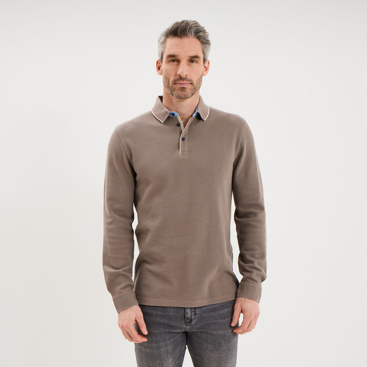 Polo piqu&eacute; droit manches longues coton gris homme