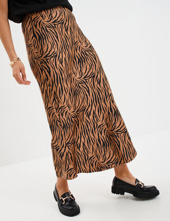 Jupe effet satin longue &eacute;vas&eacute;e camel femme