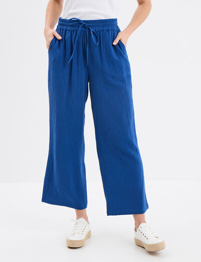Pantalon fluide élastiqué gaze de coton bleu marine femme
