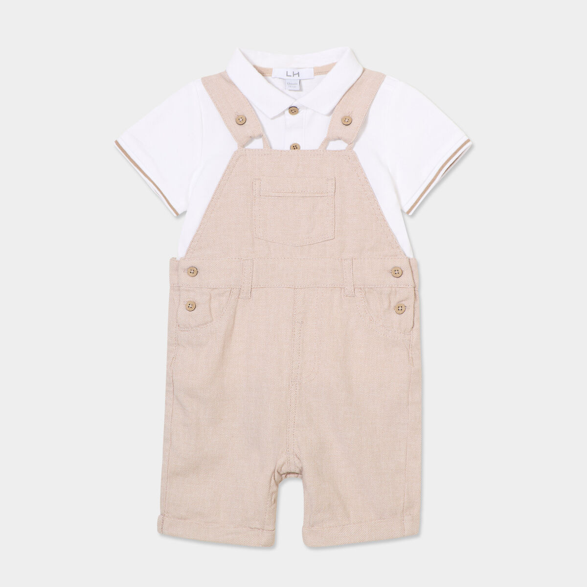 Ensemble salopette et polo coton sable b&eacute;b&eacute; gar&ccedil;on