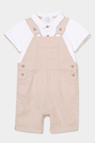 Ensemble salopette et polo coton sable b&eacute;b&eacute; gar&ccedil;on