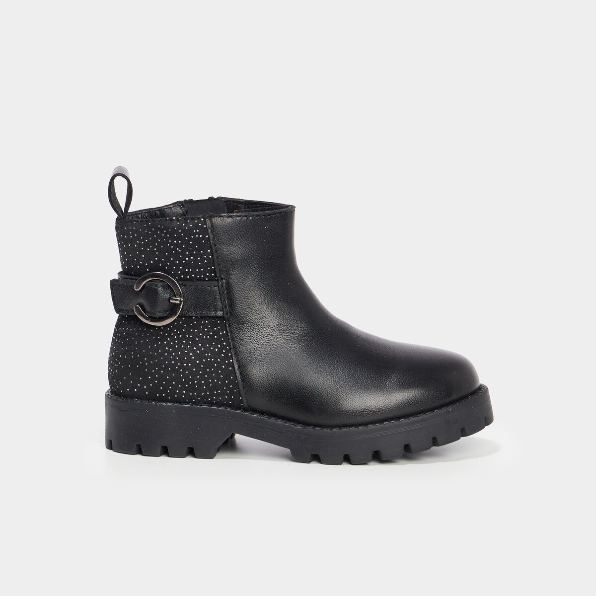 Bottines crantées à strass en cuir noir fille