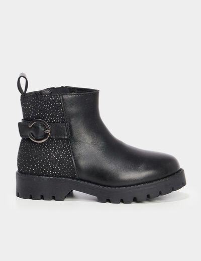 Bottines crantées à strass en cuir noir fille