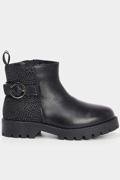 Bottines crant&eacute;es &agrave; strass en cuir noir fille