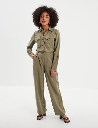 Combinaison pantalon col à revers vert kaki femme