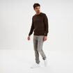Pull droit col rond coton m&eacute;lang&eacute; marron fonc&eacute; homme