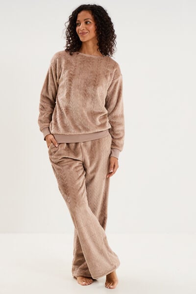 Haut de pyjama sweat polaire torsad&eacute; beige femme
