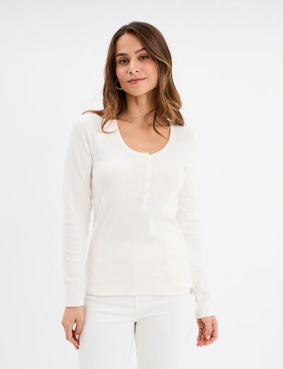 T-shirt ajusté col tunisien coton blanc femme