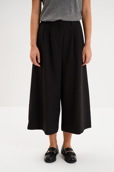 Pantalon culotte large taille haute noir femme