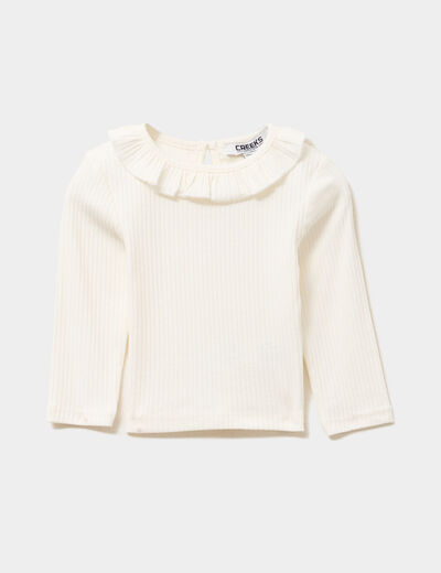 T-shirt côtelé col à volants blanc bébé fille