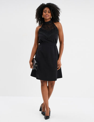 Robe courte avec dentelle sans manches noir femme