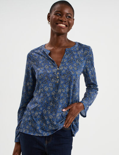 T-shirt col mao manches retroussables bleu gris femme