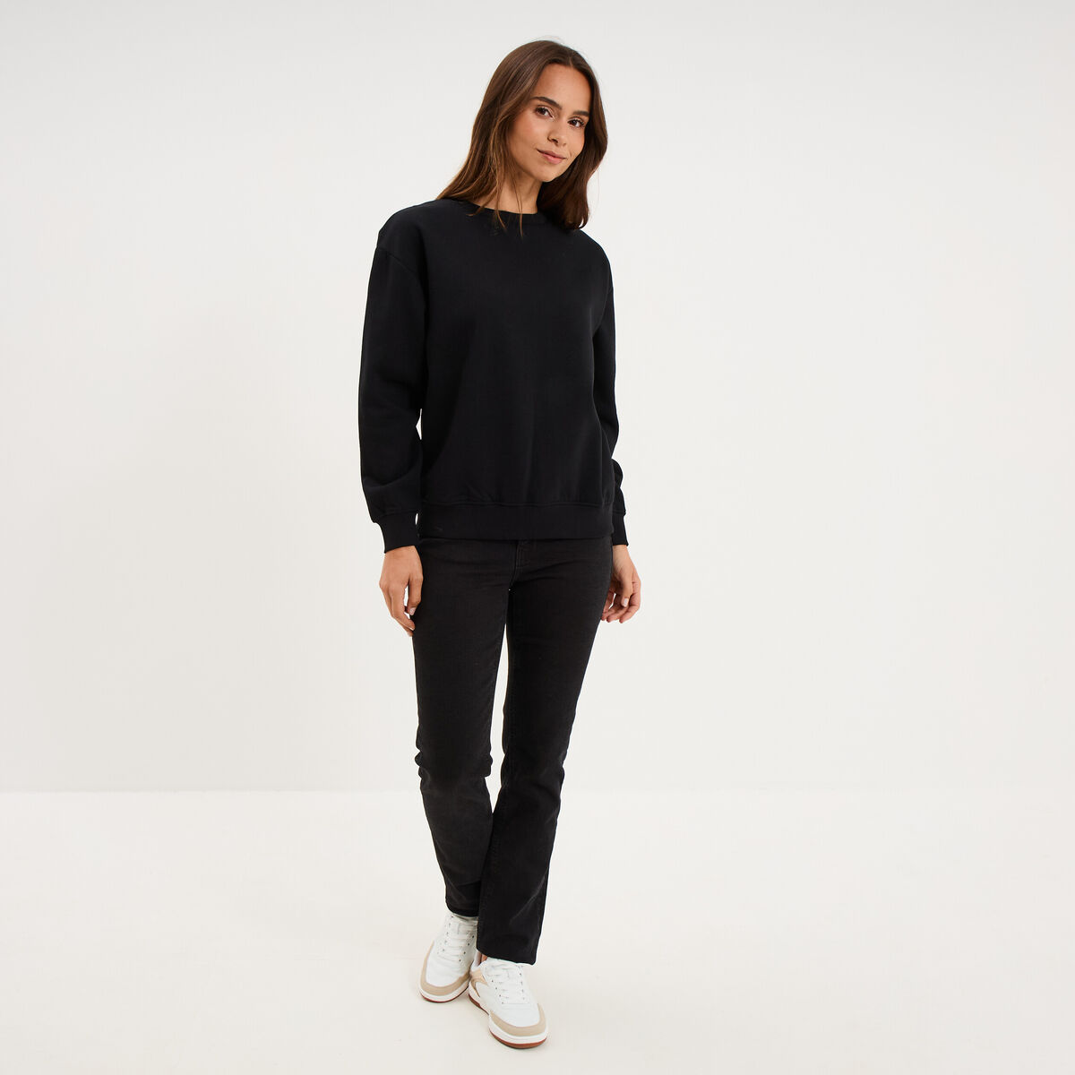 Sweat col rond manches longues noir femme