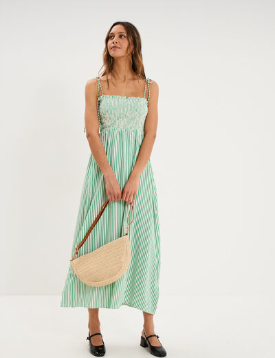 Robe longue &agrave; bretelles et haut smock&eacute; vert femme