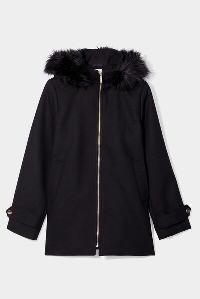 Manteau zippé à capuche fausse fourrure noir femme