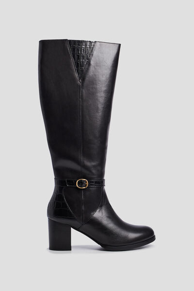 Bottes en cuir à talons et boucles noir femme