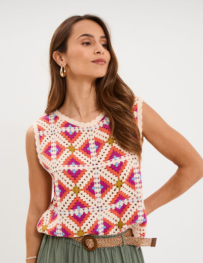 D&eacute;bardeur sans manches effet crochet multicolore femme