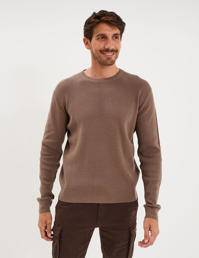 Pull en maille textur&eacute;e col rond gris fonc&eacute; homme