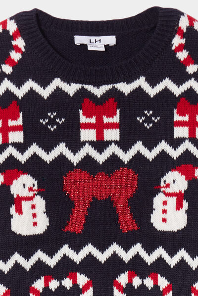 Pull de Noël col rond manches longues bleu marine fille