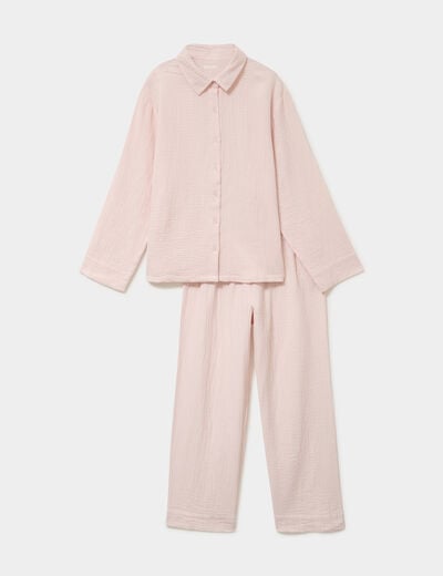Ensemble pyjama chemise pantalon coton rose clair femme