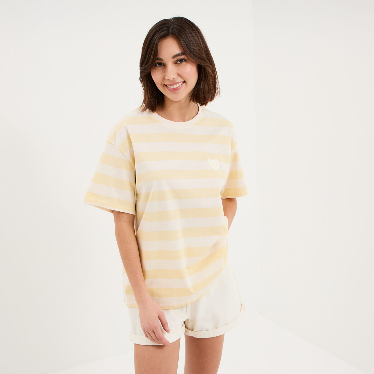 T-shirt droit &agrave; manches courtes coton jaune citron femme