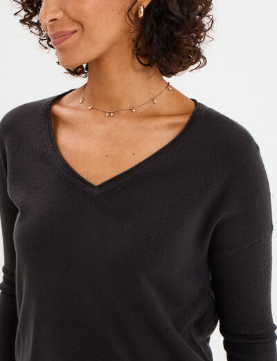 Pull col en V manches longues noir femme