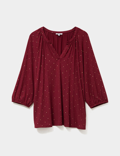 Blouse col en V manches 3/4 bordeaux femme grande taille