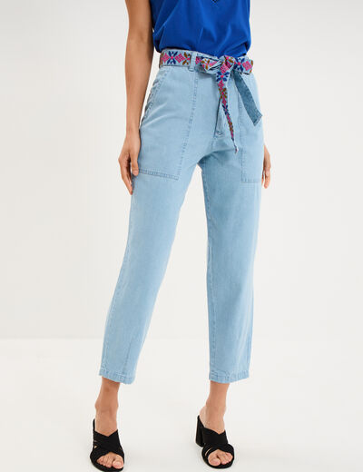 Jean mom cropped taille haute &agrave; ceinture denim triple stone femme