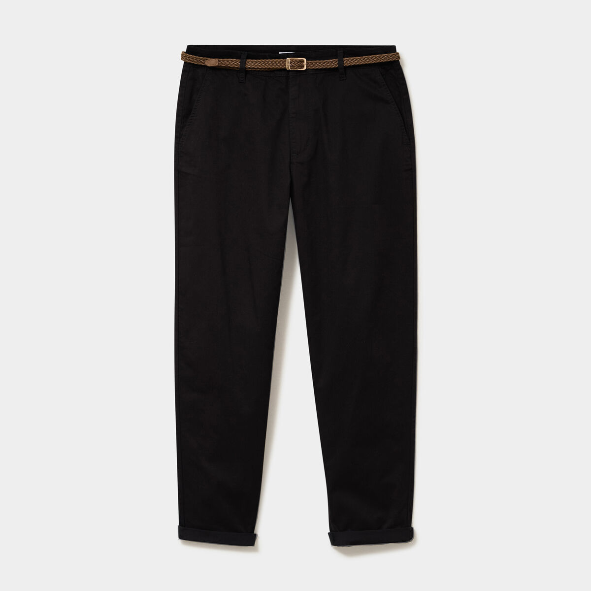 Pantalon chino regular ceinture tress&eacute;e noir femme