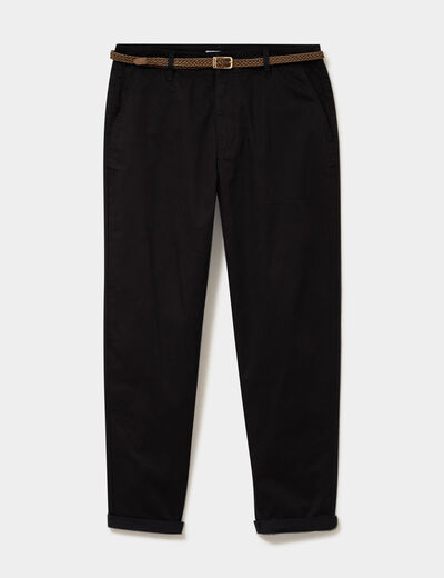 Pantalon chino regular ceinture tress&eacute;e noir femme