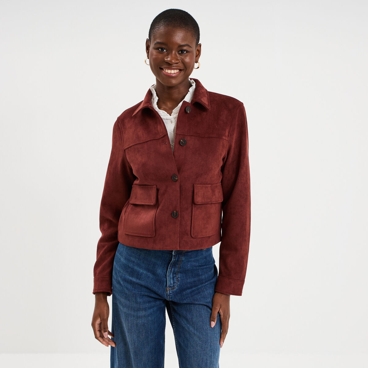 Veste effet su&eacute;dine boutonn&eacute;e bordeaux femme