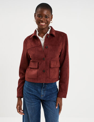 Veste effet su&eacute;dine boutonn&eacute;e bordeaux femme