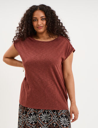 T-shirt &eacute;paules effet macram&eacute; marron cognac femme grande taille