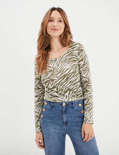 T-shirt col rond manches longues coton beige femme