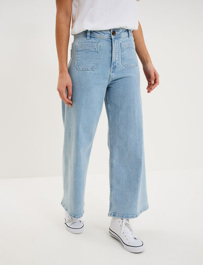 Jean large cropped poches plaqu&eacute;es coton denim triple stone femme