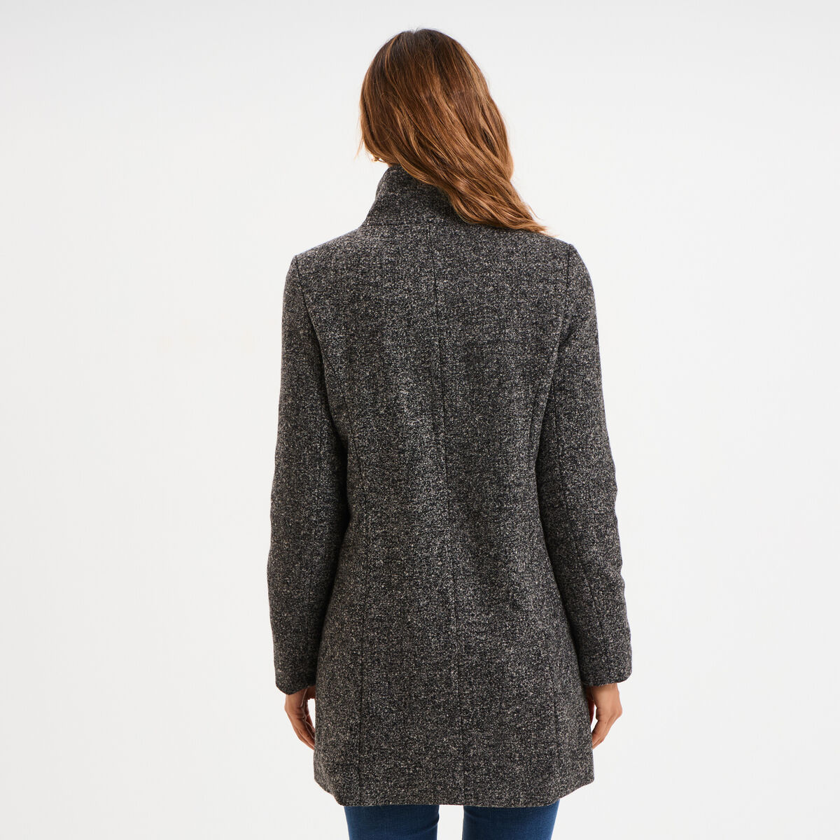 Manteau droit mi-long col montant doubl&eacute; gris fonc&eacute; femme