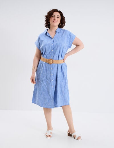 Robe chemise ceintur&eacute;e longueur genou bleu lavande femme grande taille