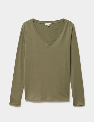 T-shirt col en V manches longues coton vert kaki femme