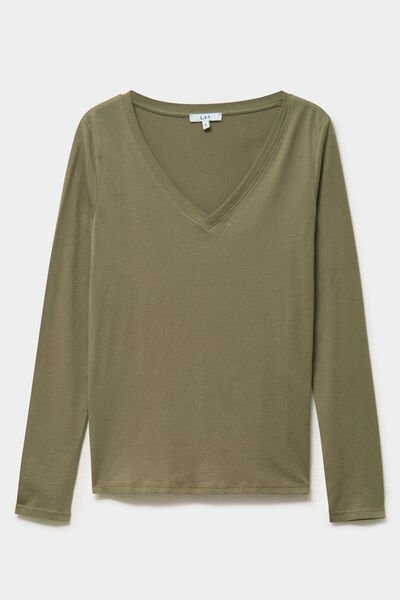 T-shirt col en V manches longues coton vert kaki femme